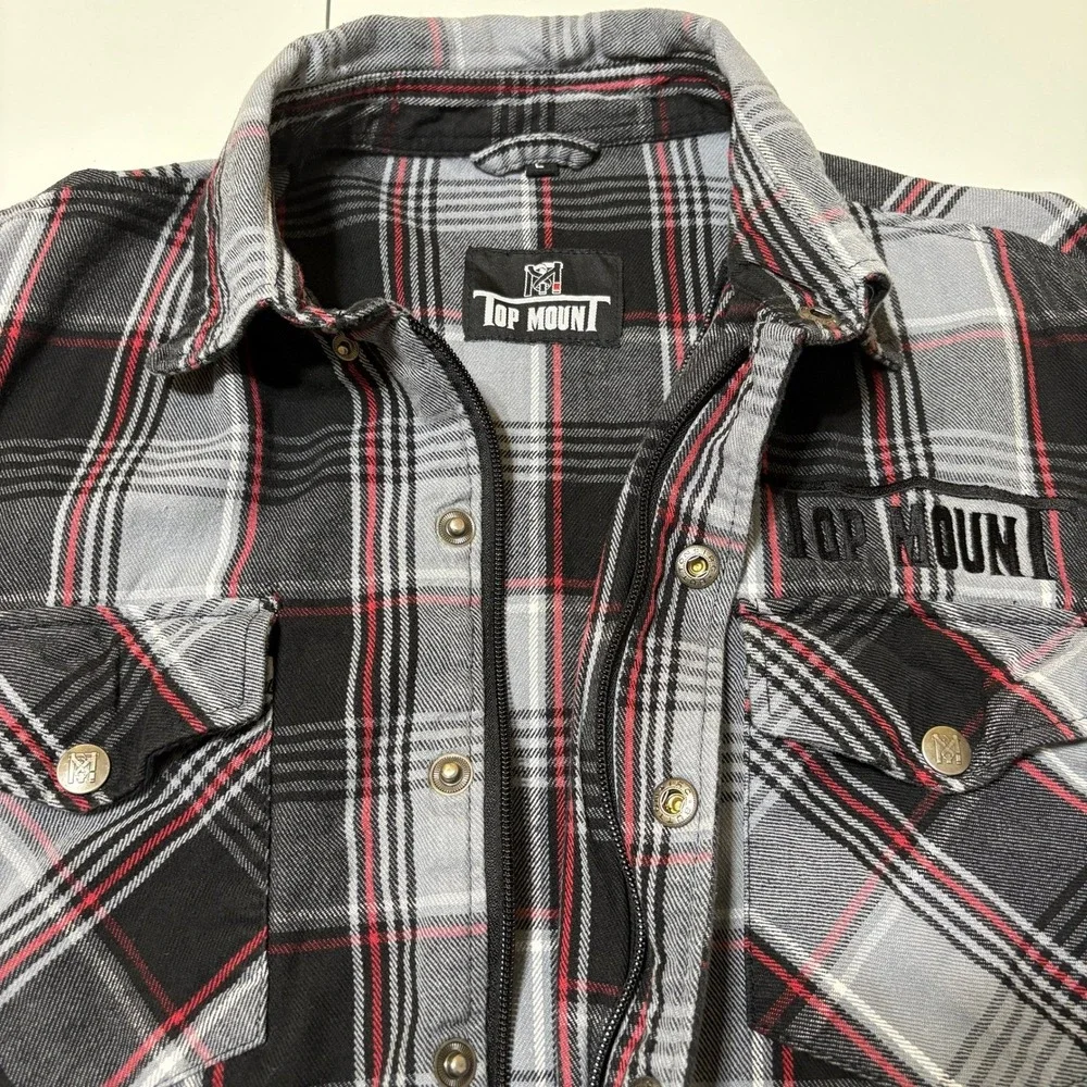 Top Mount Mens Full Zip Snap Grappler Flannel Shirt Size L Black Red Plaid Biker